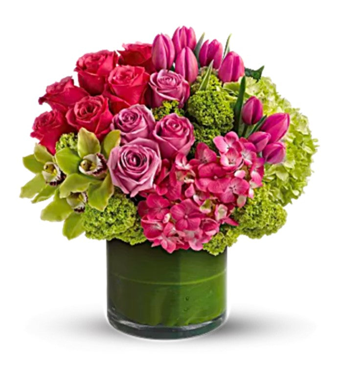 New Sensations-Vibrantly colored exotic flowers arrangement for an unforgettable anniversary celebration